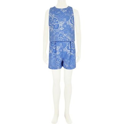 Girls blue floral print layer playsuit